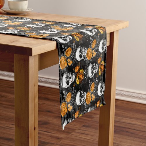 Crowned Skulls with Orange Roses Short Table Runner