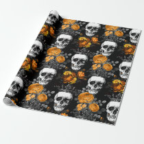 Crowned Skulls with Orange Roses Wrapping Paper
