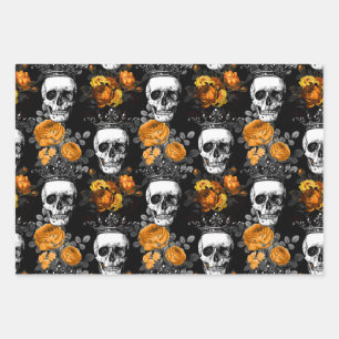 Crowned Skulls with Orange Roses Wrapping Paper Sheets