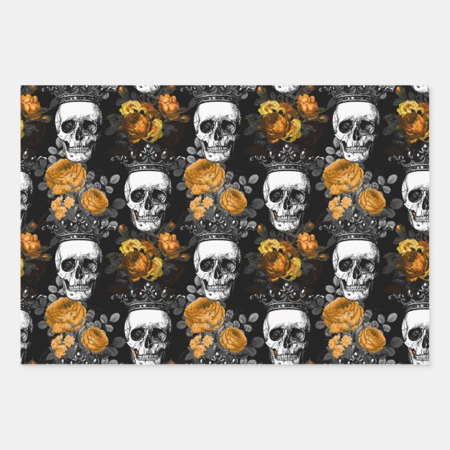 Crowned Skulls with Orange Roses Wrapping Paper Sheets (Front)