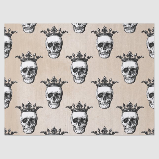 Crowned White Skulls on Tan Decoupage Tissue Paper (Front)