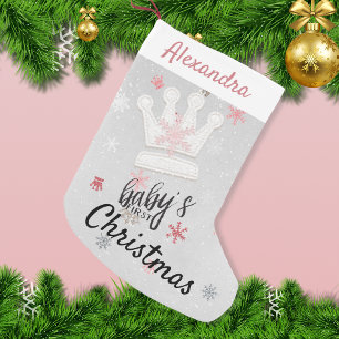 Crowns and Pink Snowflakes First Christmas Small Christmas Stocking
