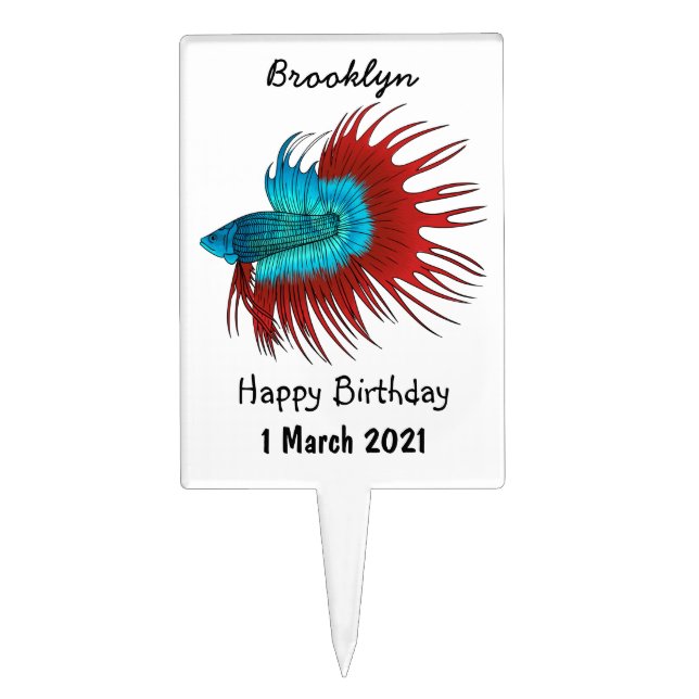 Crowntail betta fish cartoon illustration  cake topper (Front)