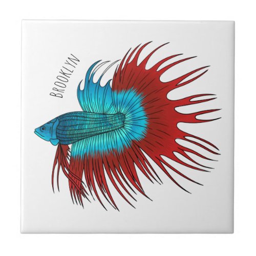 Crowntail betta fish cartoon illustration ceramic tile