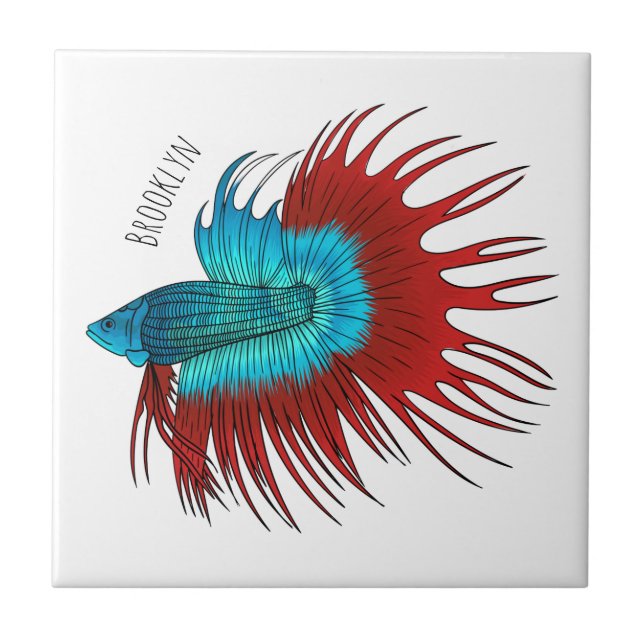 Crowntail betta fish cartoon illustration ceramic tile (Front)