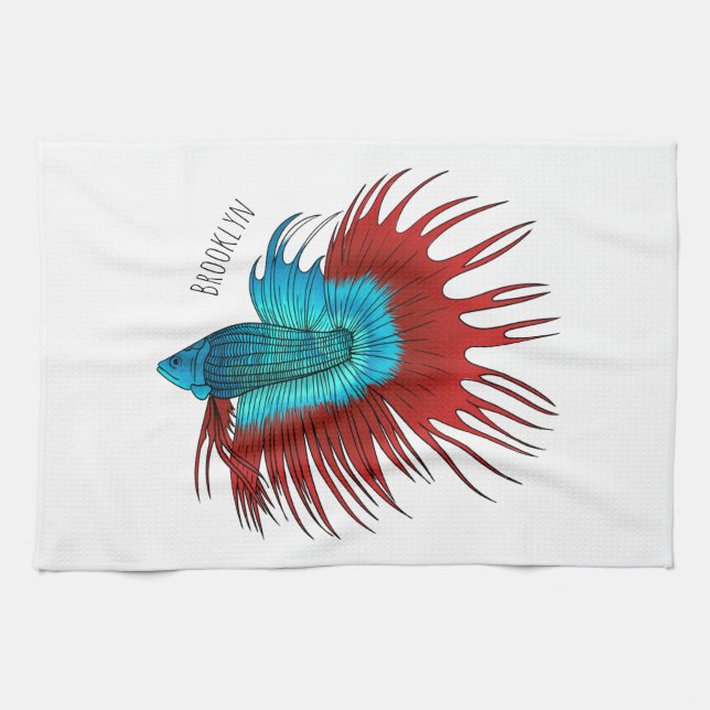 Crowntail betta fish cartoon illustration kitchen towel (Horizontal)