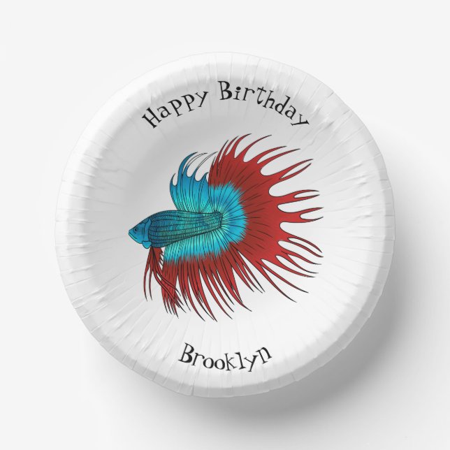 Crowntail betta fish cartoon illustration paper bowls (Front)
