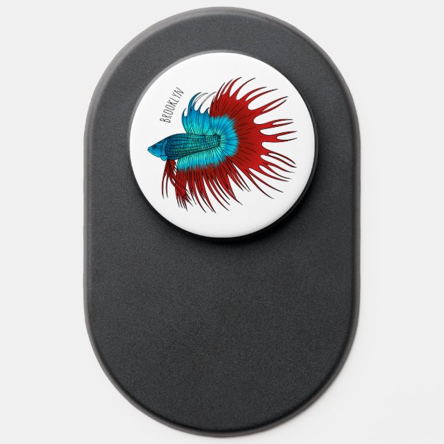 Crowntail betta fish cartoon illustration PopSocket (Popsocket)