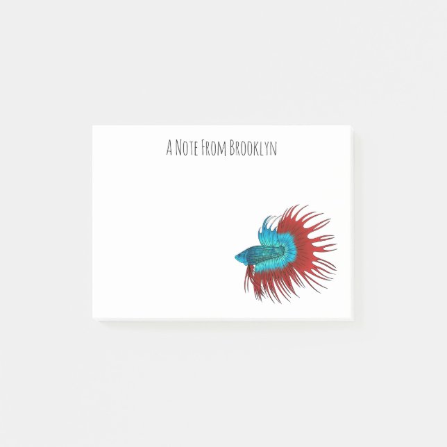 Crowntail betta fish cartoon illustration post-it notes (Front)