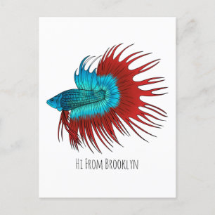 Crowntail betta fish cartoon illustration postcard