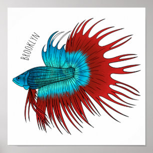 Crowntail betta fish cartoon illustration poster