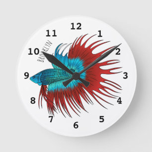 Crowntail Betta fish cartoon illustration Round Clock