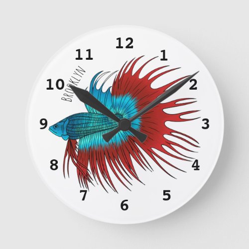 Crowntail Betta fish cartoon illustration Round Clock