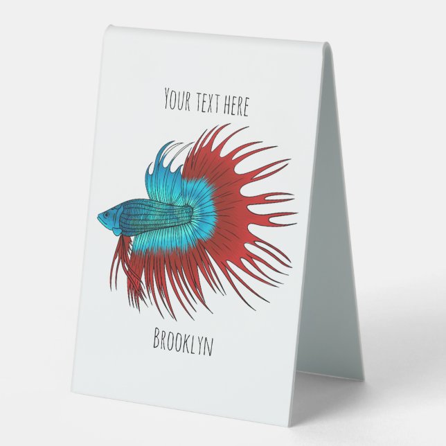 Crowntail betta fish cartoon illustration table tent (Front)