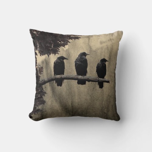 Crows Aged Art Ravens Throw Pillow