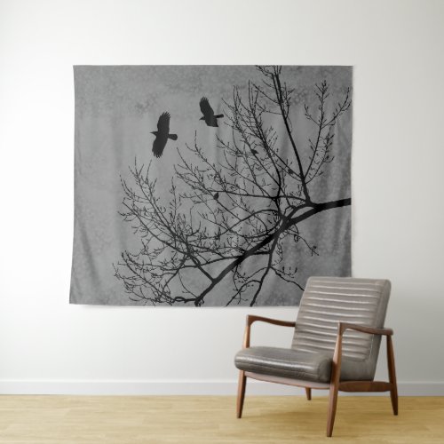 Crows and Trees Black Silhouette on Grey Tapestry