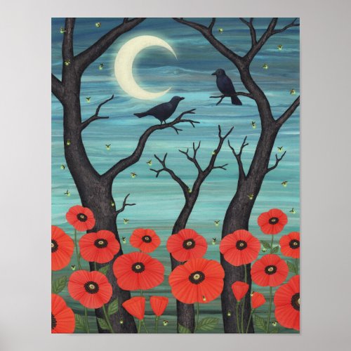 crows fireflies and poppies in the moonlight poster