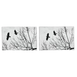 Crows Flying Birds in Trees Black White Gothic Pillow Case