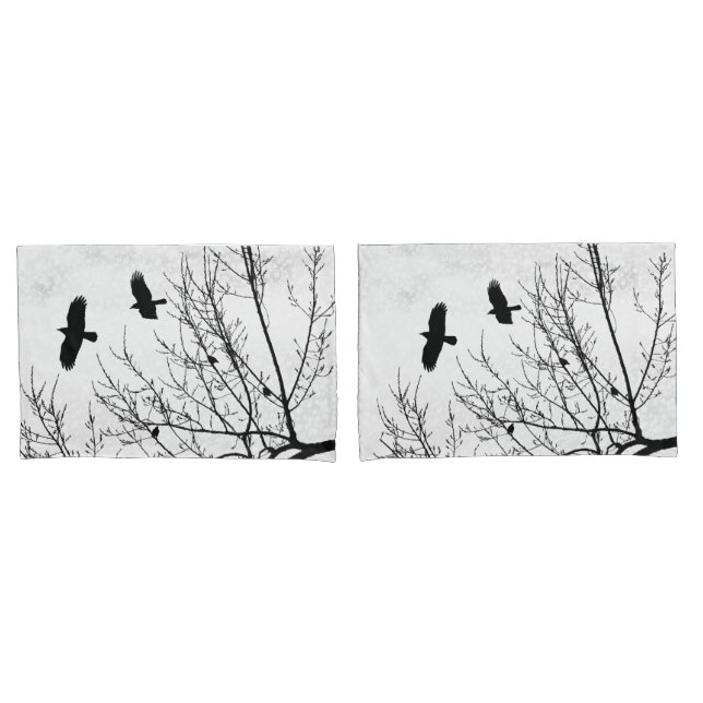 Crows Flying Birds in Trees Black White Gothic Pillow Case (Front-Set)