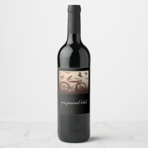 crows gather at a red vintage bicycle wine label