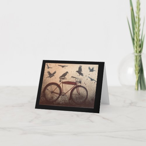 Crows gather on a red vintage bike thank you card