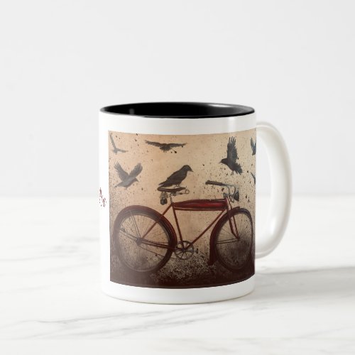 Crows gather on a red vintage bike Two_Tone coffee mug