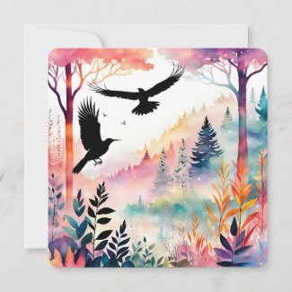 Crows in a Peaceful Colorful Forest