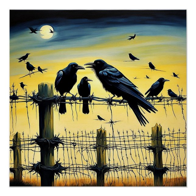 Crows on barbed fence 3 poster (Front)