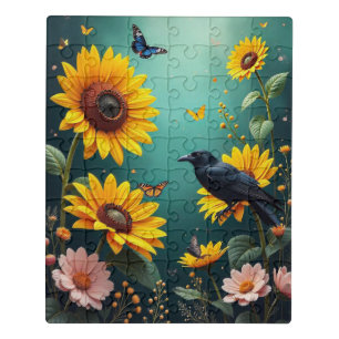 Crows, Ravens and Butterfly Sunflower Garden Jigsaw Puzzle