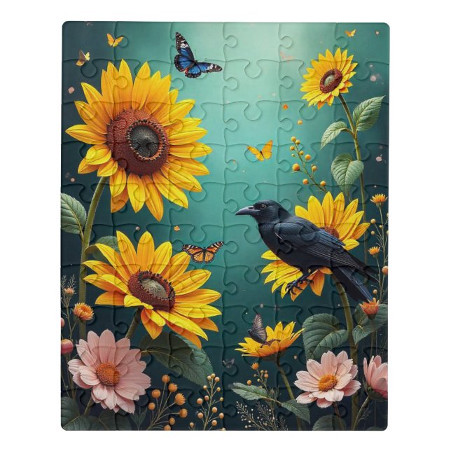 Crows, Ravens and Butterfly Sunflower Garden Jigsaw Puzzle (Puzzle Vertical)