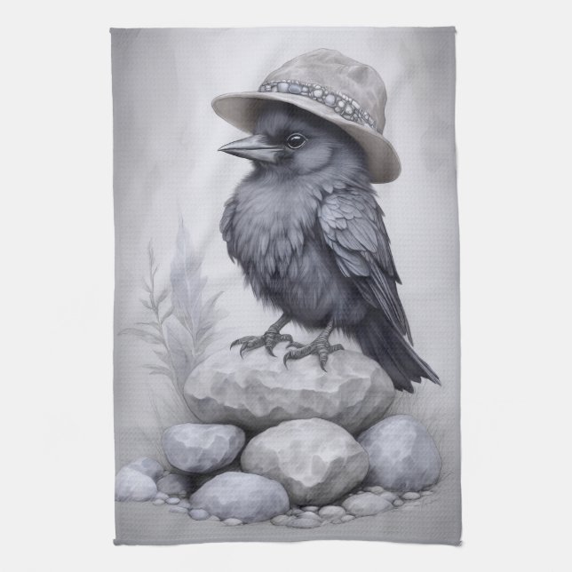 Crows Rock! Crow raven with hat on stones Kitchen Towel (Vertical)