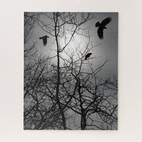 Crows Silhouette Glowing Sun Trees Gothic Scene Jigsaw Puzzle