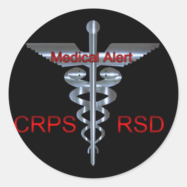 CRPS RSD Medical Alert Silver Asclepius Caduceus Classic Round Sticker (Front)