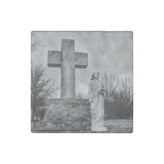 Crucifix and angel in black and white stone magnet