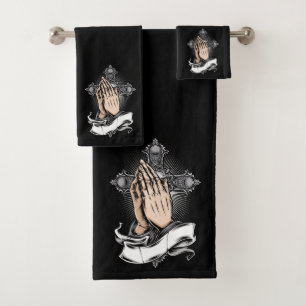Crucifix and Praying Hands Bath Towel Set