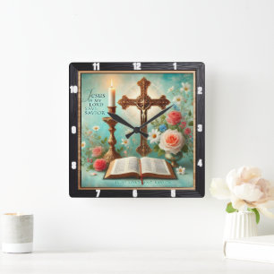 Crucifix Candlelight Bible Floral Square Wall Clock