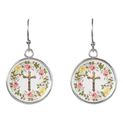 Crucifix Floral Wreath Red Yellow Roses Earrings