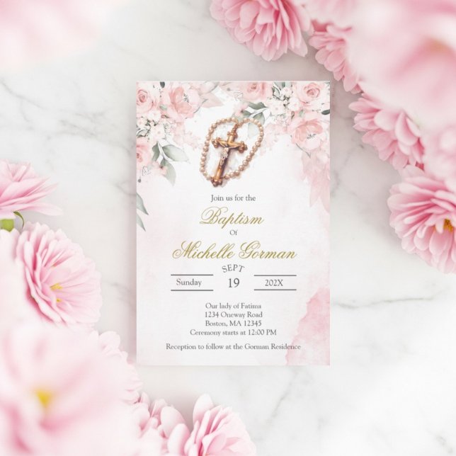 Crucifix pink floral baptism Invitation (Creator Uploaded)