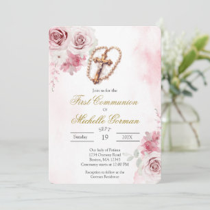 Crucifix pink floral first communion Invitation