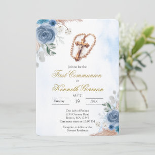 Crucifix pink floral first communion Invitation