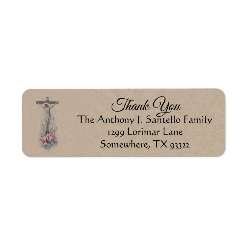 Crucifix Pink Flowers Thank You Label