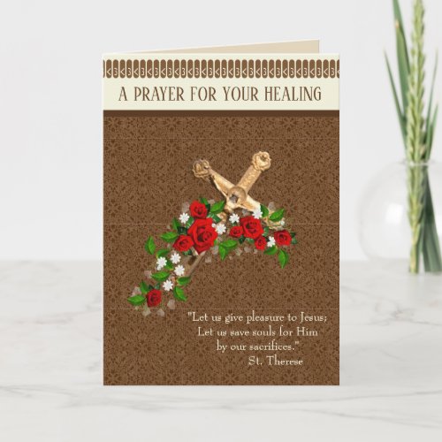 Crucifix Red Roses St Therese Healing Prayer Card