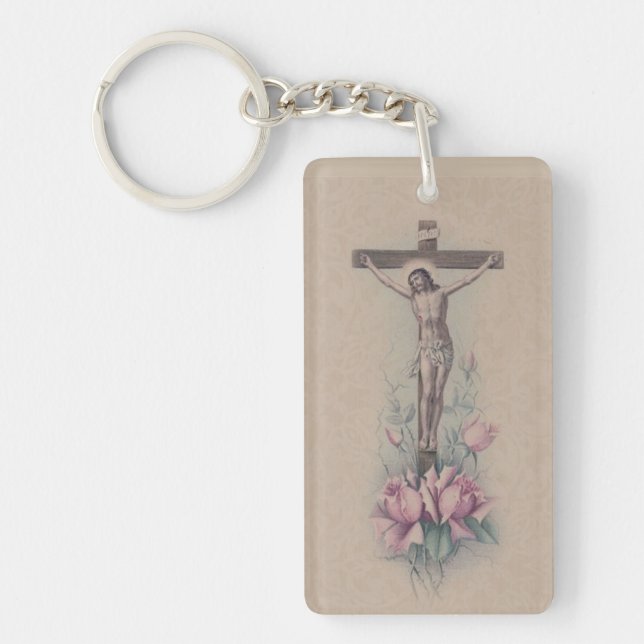 Crucifix St. Therese Quote Pink Roses Keychain (Front)