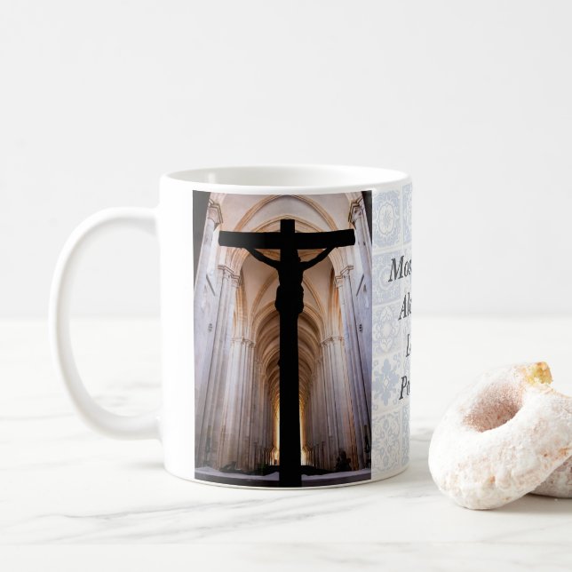 Crucifix with Jesus Christ. Gothic Alcobaca Abbey Coffee Mug (With Donut)