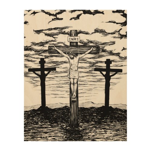Crucifixion Illustration by Amanda Diehl Wood Wall Decor