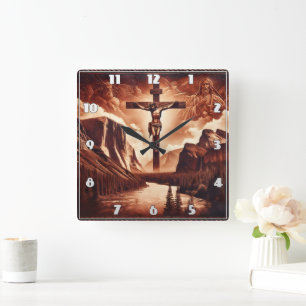 Crucifixion of Jesus Amidst Majestic Mountains Square Wall Clock