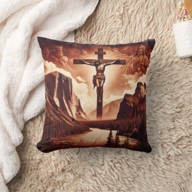 Crucifixion of Jesus Amidst Majestic Mountains Throw Pillow (Blanket)