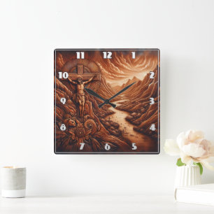 Crucifixion of Jesus in a Mountainous Landscape Square Wall Clock
