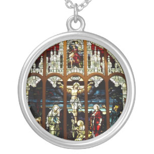 Crucifixion of Jesus Stained Glass Window Silver Plated Necklace