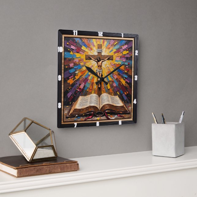 Crucifixion's Radiance: Word Revealed Square Wall Clock (Office)